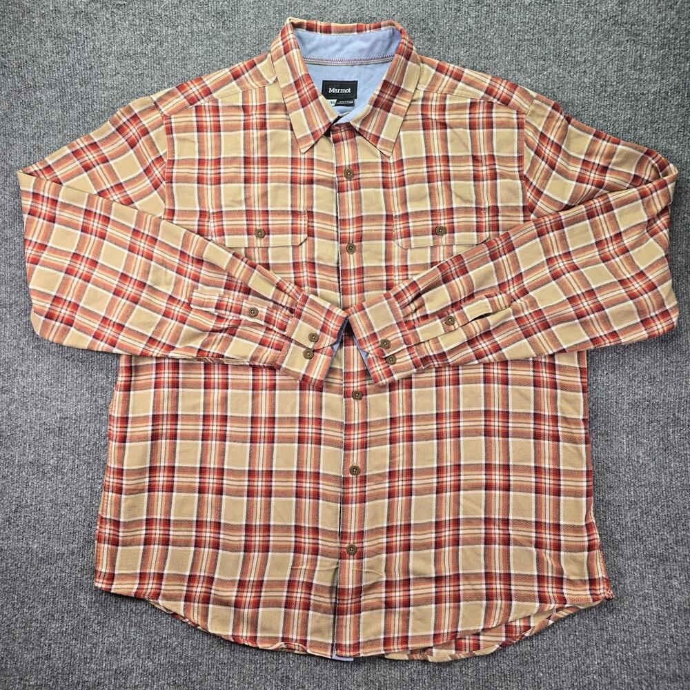 Marmot Shirt Mens XL Beige Red Plaid Long Sleeve Outdoor Casual Pocket Hiking